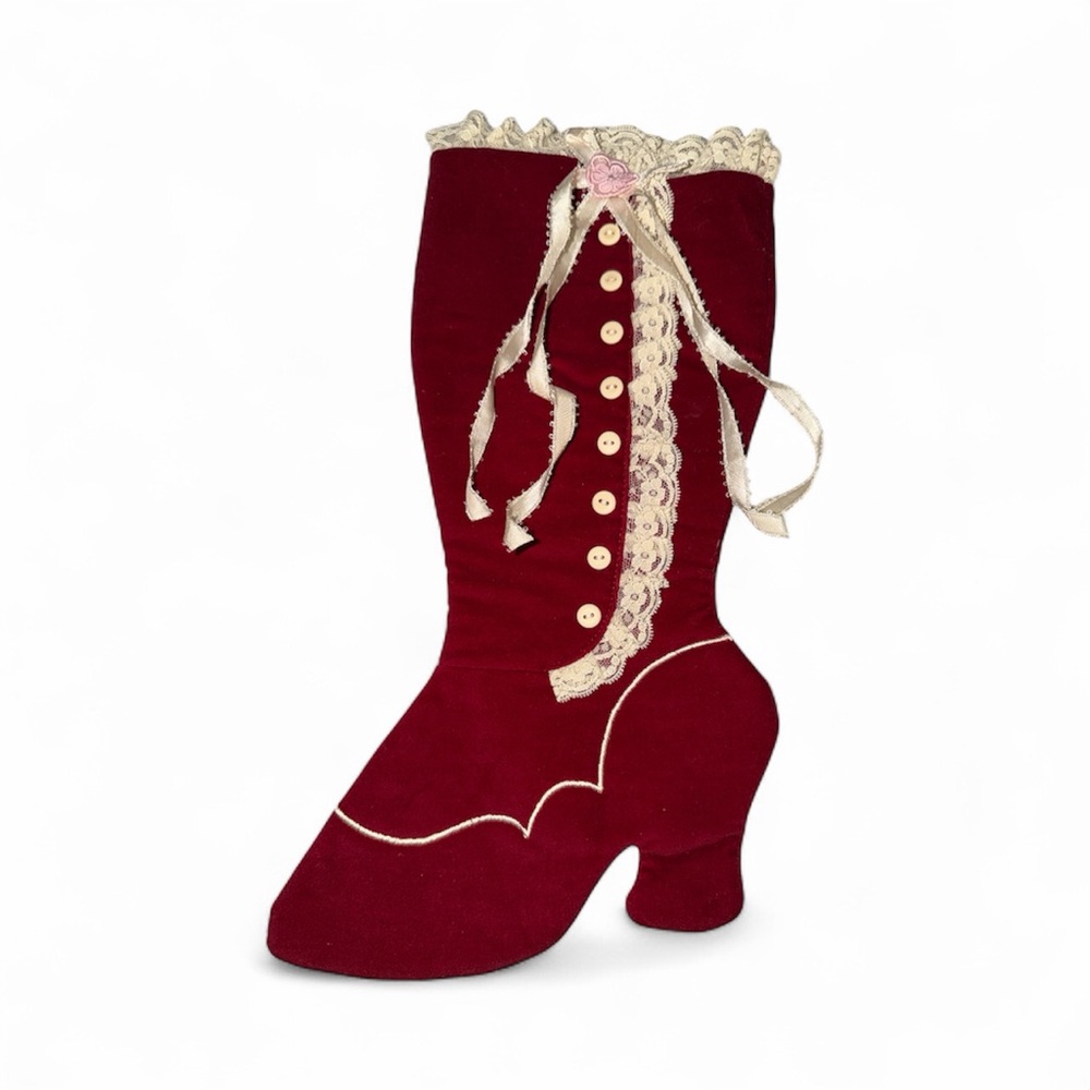 Vintage 1986 Dakin Victorian Shoe Boot Christmas Stocking Red Velvet Lace Ribbon